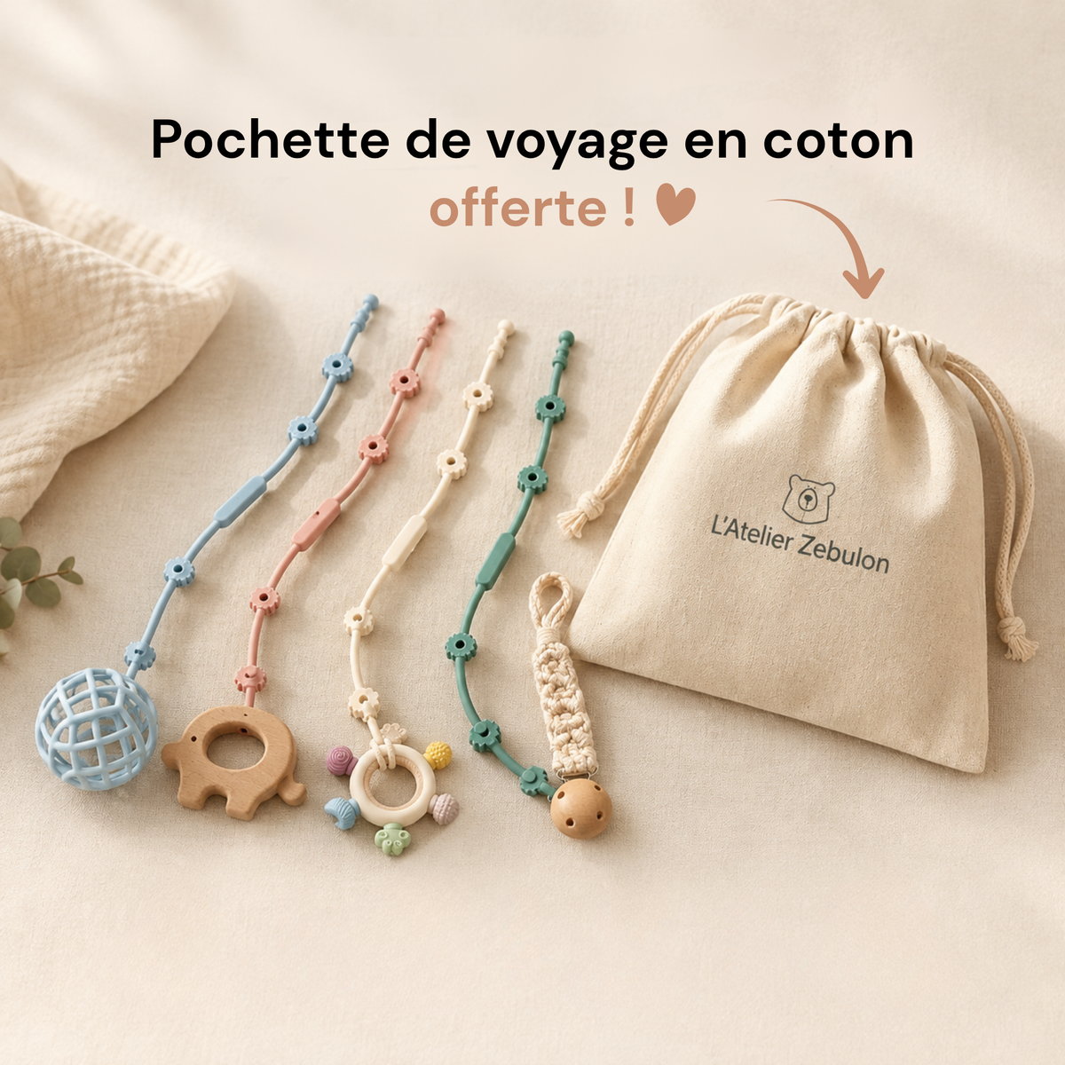 Lot de 4 Attaches-jouet en silicone L'Atelier Zebulon