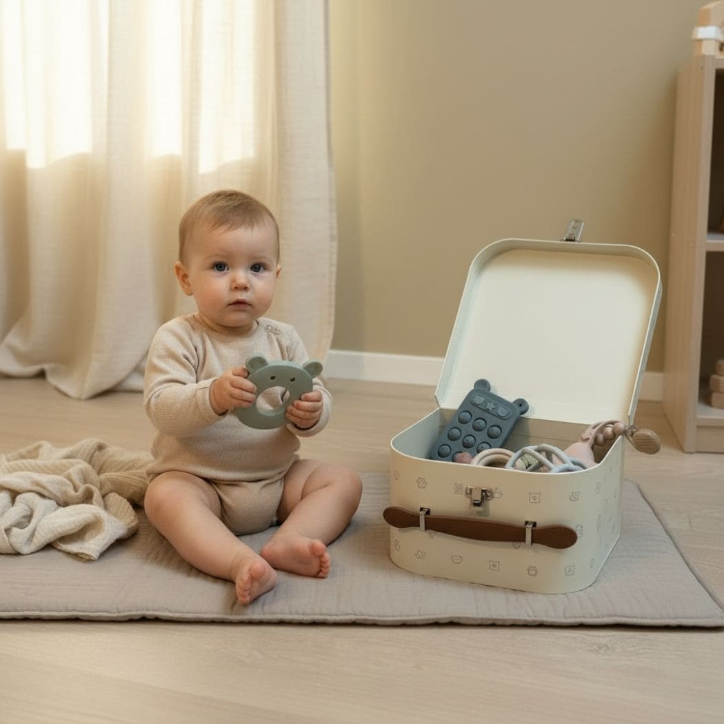Coffret éveil premium ouvert, jouets sensoriels en silicone posés sur un plaid