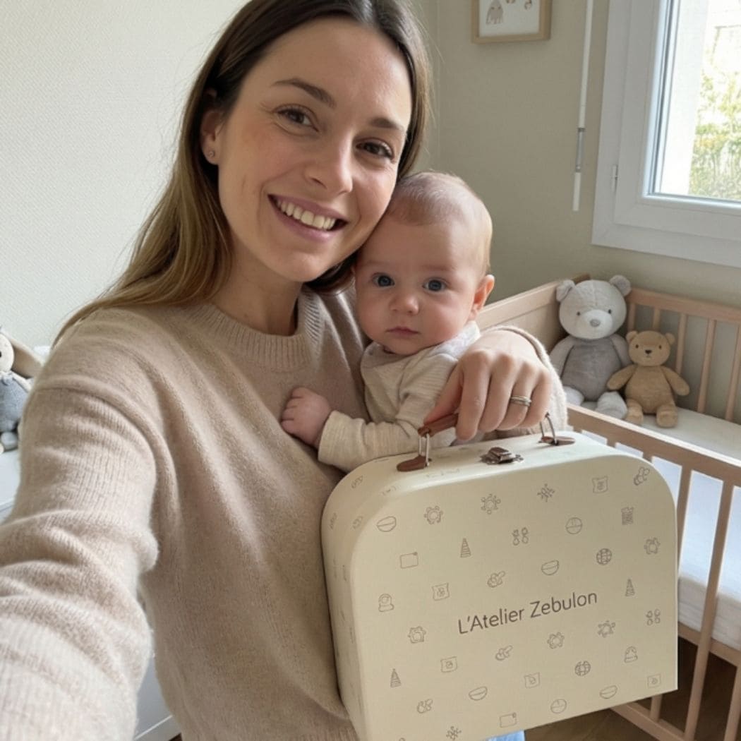Maman avec bébé tenant la valisette l'atelier zebulon
